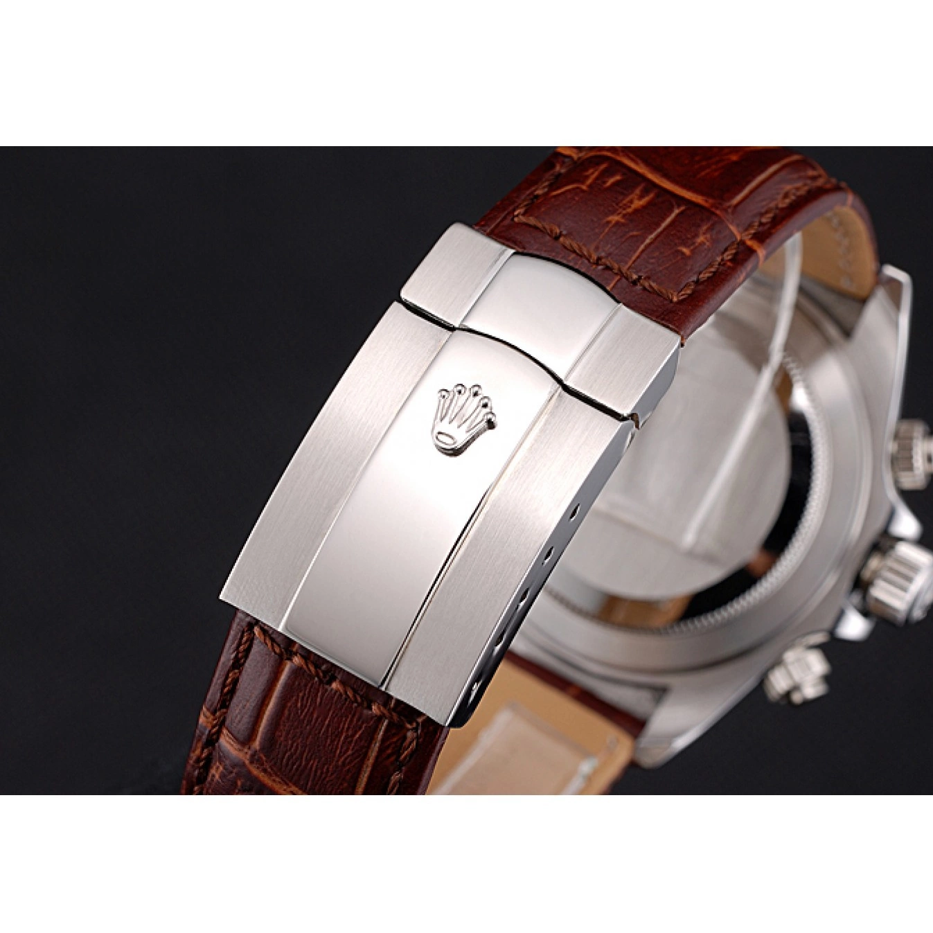 Aaa fake watches Stainless Steel Daytona Brown Dial Leather Rolex Case White Strap 0520